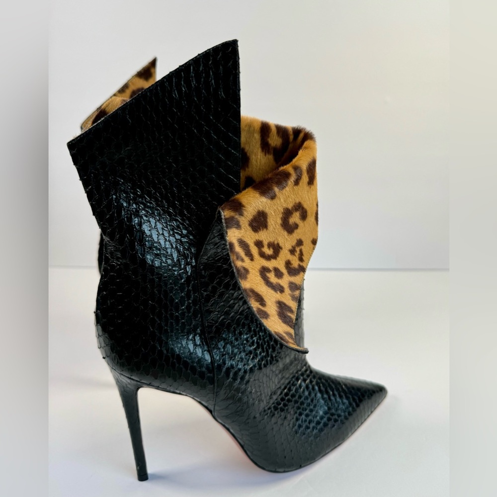 Aquazzura Black Snakeskin Pointed Toe Bootie with Leopard Print Cuff - Picture 6 of 12